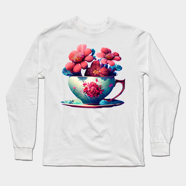 Teacup full of flowers Long Sleeve T-Shirt by kameleon